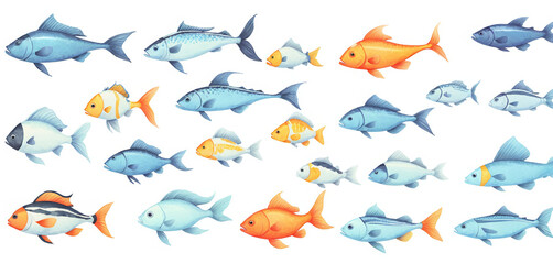 Fototapeta premium Illustrative and colorful depiction of fishes of different kind in color and shape in a drawn appearing style