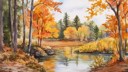 Fototapeta premium A watercolor outdoors scene in autumn, showcasing the vibrant foliage and the tranquility of leaf peeping