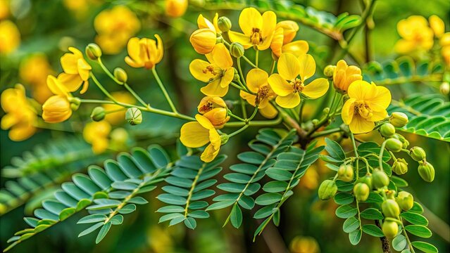Delicate yellow flowers of the Alexandrian senna plant, Cassia alexandrina, with feathery foliage and slender pods in a natural outdoor setting.