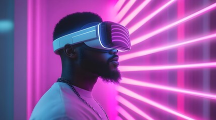 Man in Virtual Reality Headset with Neon Lights.