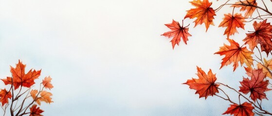 A watercolor scene capturing the essence of leaf peeping in autumn, with vibrant hues of orange and red leaves contrasting against the cool blues of the sky