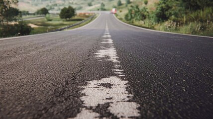 Fototapeta premium Asphalt road texture closeup low angle perspective view. Outdoor countryside nature freeway surface, nobody on highwaytransport street. Stone, urban, gray, travel route, structure material