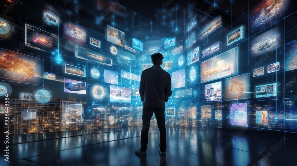 Wall mural back view a man stands in front of multiple screens displaying various social media platforms, anima