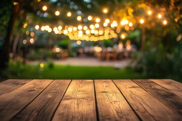 Empty Wood table top with decorative outdoor string lights hanging on tree in the garden at night time