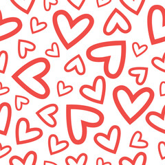 All over seamless vector repeat pattern with small and big red hand drawn  hearts on white background. Simple Valentines day.