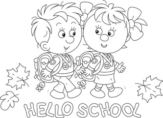 Happy little schoolboy and schoolgirl with their schoolbags friendly talking and going to school to the start of classes, black and white outline vector illustration for a coloring book