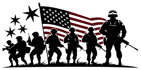 USA Army Combat Soldiers black Silhouettes vector illustration