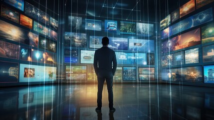Back view a man stands in front of multiple screens displaying various social media platforms, Animated Stream Of Content. Visualization Of Browsing Metaverse Big Data, and Internet Communities.