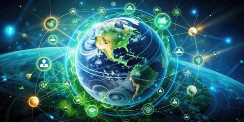 Obraz premium Digital illustration of Earth surrounded by eco-friendly icons and swirling data streams, emphasizing global connections, sustainable finance, and efficient computing in a futuristic network.