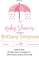 Baby Shower with pastel umbrella and rain.Cute invitation for baby shower party