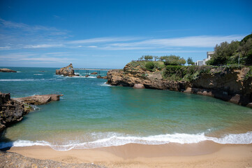 Obraz premium Beach promenade of touristic Biarritz city, Basque Country, Bay of Biscay of Atlantic ocean, France