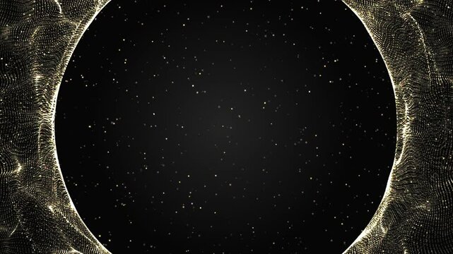On a dark background there is a rounded frames on the sides with golden particles moving around, in the center there is a free space for advertising. Can be used vertically and horizontally.