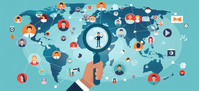 Hand holding a magnifying glass with business people icons on a map of the world, a flat illustration for a human resources concept Generative AI