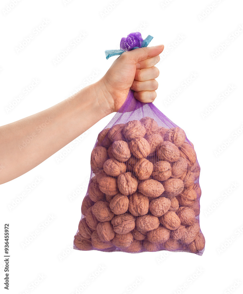 Sticker walnuts sack in hand path isolated on white