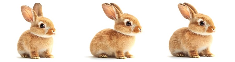 Obraz premium Three Adorable Brown Rabbits Sitting on White Background.