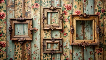 Naklejka premium Distressed ornate frames with intricate carvings and rusty hinges hang on a weathered wooden wall, surrounded by faded floral wallpaper and peeling paint.