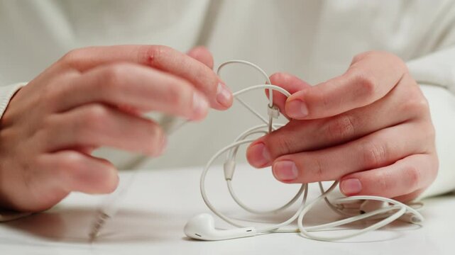 Young woman trying to untangle the white headphones close-up. Tangled wires on table. Trying to untangle many messy cables