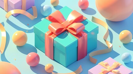 Obraz premium 3d trendy modern metallic candy colored gift box decorated with golden ribbons on festive backgrounds with copy space.