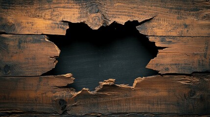 Large break center cracked hole on broken old wooden board background, 3d break though frame border for logo symbol display in grungy style.