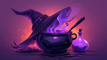 Mysterious setting illustration of scary witch boiling soup pot next to wizard hat, smoky poison smoke or fog coming out from the pot on dark scary spooky background.