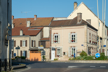 Driving in Champagne wine making region in Champagne, France. Streets, houses, road signes and places of destinations in summer