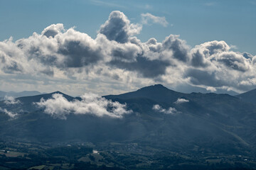 Travelling by old wooden train up to Larrun or La Rhune, Larhune mountain at the western end of the Pyrenees located on border of France and Spain, in traditional Basque provinces Labourd and Navarra