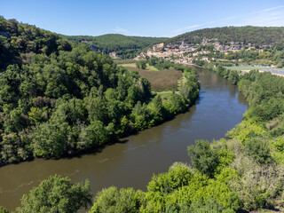 Aerial view on Dordogne river near   .La Roque-Gageac village located in Dordogne department in southwestern France