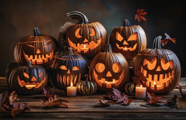 Fototapeta premium Collection of jack-o-lanterns on a rustic wooden table. Orange pumpkins carved for Halloween lying on brown wooden table.