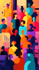A colorful collage of abstract shapes and silhouettes representing people, set against an urban background with bold lines and contrasting colors