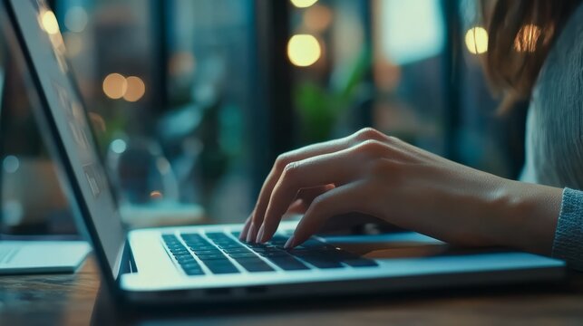 Focused on the Task: A close-up of hands typing on a laptop keyboard, the image captures the essence of focus, dedication, and productivity, set against a backdrop of soft, warm lighting.