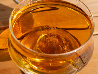 Tasting of french apple cider brut in glass made from new harvest apples outdoor in sunny orchard