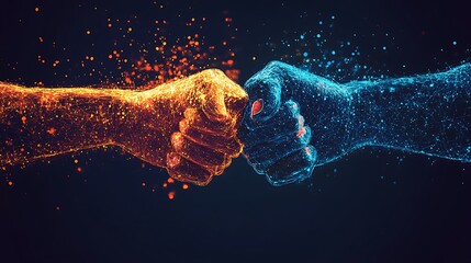 Two Interlocking Fists Made of Glowing Particles