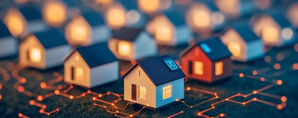 Obraz premium Aerial view of small homes connected by electronic pathways, illustrating the concept of connected living and smart neighborhoods