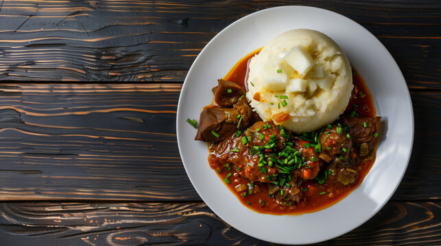 Savory beef and vegetable stew with sadza and gravy on a rustic wooden table, served on a white plate