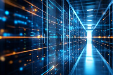 Futuristic data center corridor glowing with blue and orange lights. High-tech atmosphere enhancing innovation and technology. Perfect for digital themes. Generative AI