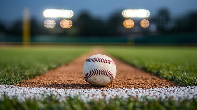 Dramatic evening shot of a baseball diamond, stadium lights casting a glow over the field, evoking anticipation and the thrill of the sport