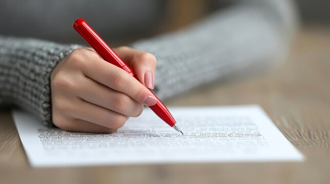 Hand with a red pen correcting text, representing the meticulous process of editing and proofreading in written communication