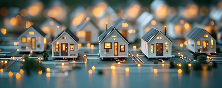 Grid of tiny homes linked by illuminated circuits, depicting the future of residential living through technology and connectivity
