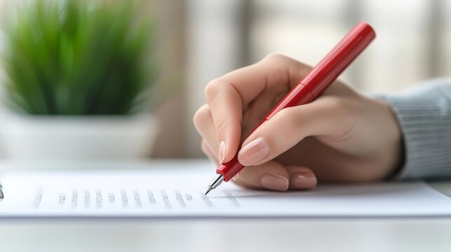 Hand with a red pen correcting text, representing the meticulous process of editing and proofreading in written communication