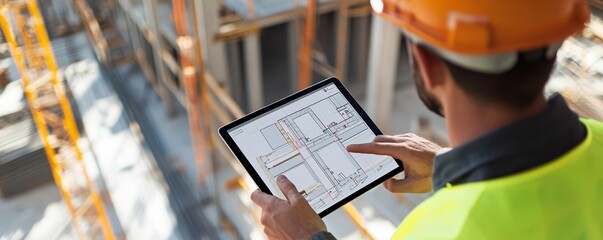 High-tech construction A site worker utilizing a tablet to monitor and manage construction progress efficiently