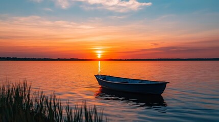 Idyllic sunset over a lake with a pontoon boat cruising gently, symbolizing relaxation and reflection in a calm natural setting