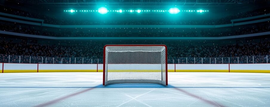 Ice hockey rink spotlighting an empty goal with a vibrant audience, conveying the intensity of the sport