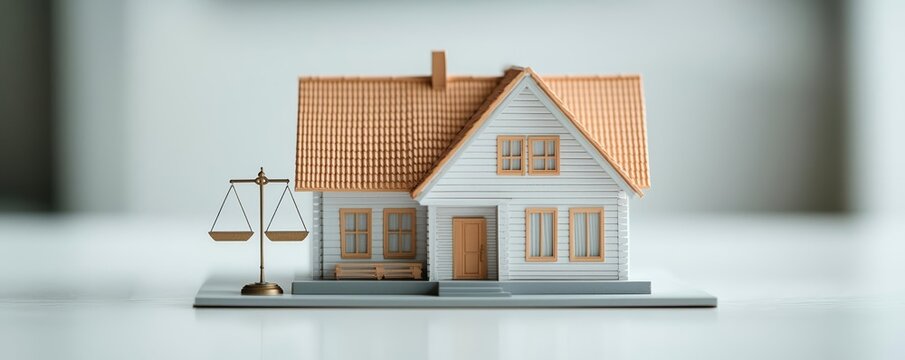 House model and legal symbols on a white background, highlighting the complexities of housing law
