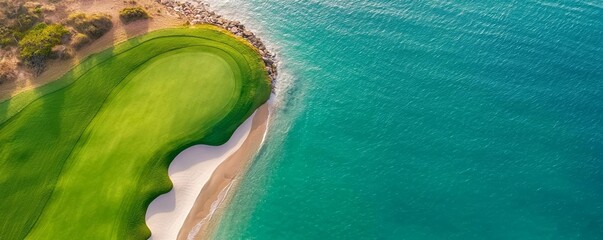 Overhead view of a coastal golf course, vivid green fairways contrasted with the shimmering turquoise sea, embodying elegance and tranquility