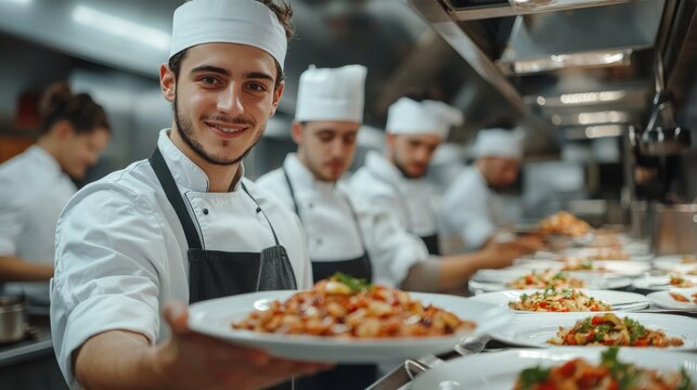 Young chef presenting a plated dish in a busy restaurant kitchen during dinner service - Powered by Adobe