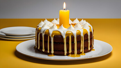 Chocolate cake with yellow candle burning 