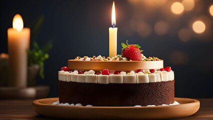 Closeup of chocolate cake with strawberry and cream
