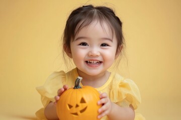 Cheerful Toddler Girl with Carved Pumpkin