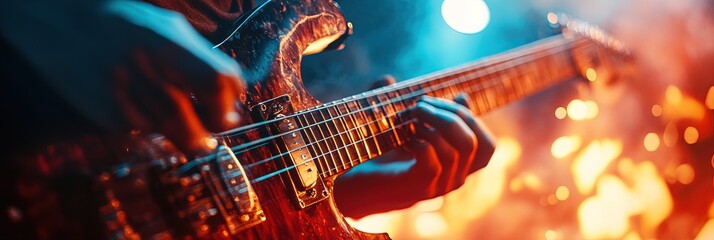 Obraz premium Guitarist playing electric guitar solo at rock music festival 