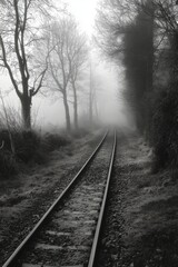 Fototapeta premium Misty railway tracks surrounded by lush greenery in a tranquil forest setting